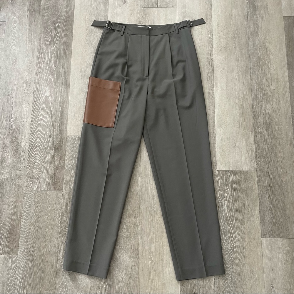 Tibi Taupe Trousers Tropical Wool Faux Leather Patch Pocket Adjustable Waist